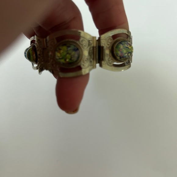 Vintage Hecho En Mexico Silver Bracelet with Green Faux Opal Abalone Inlays - Picture 5 of 7